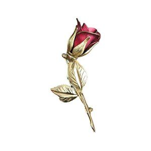 Vintage Red Rose Brooch Gold Tone 3"